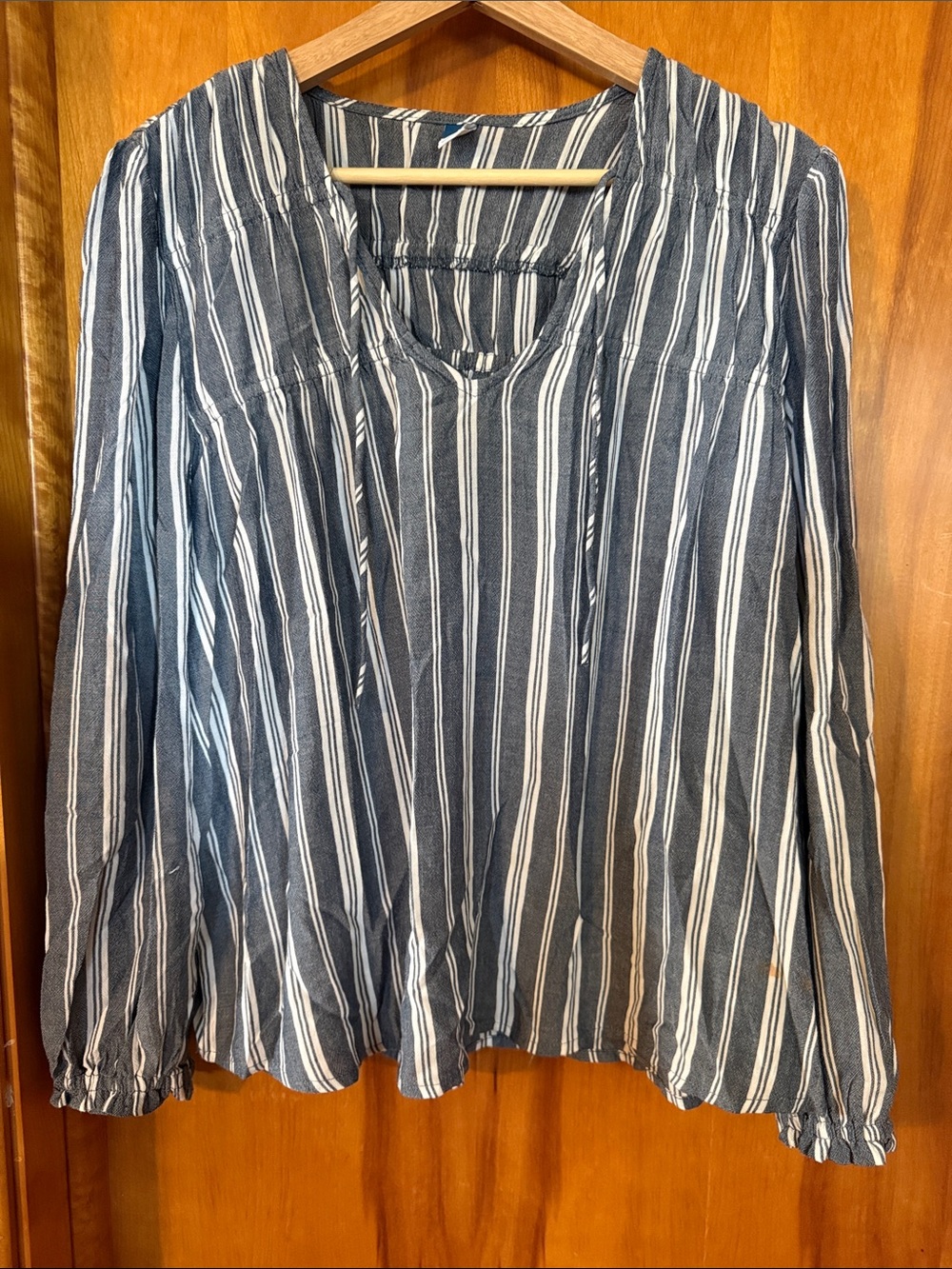 Old Navy Blue and White Vertical Stripe V-Neck Blouse